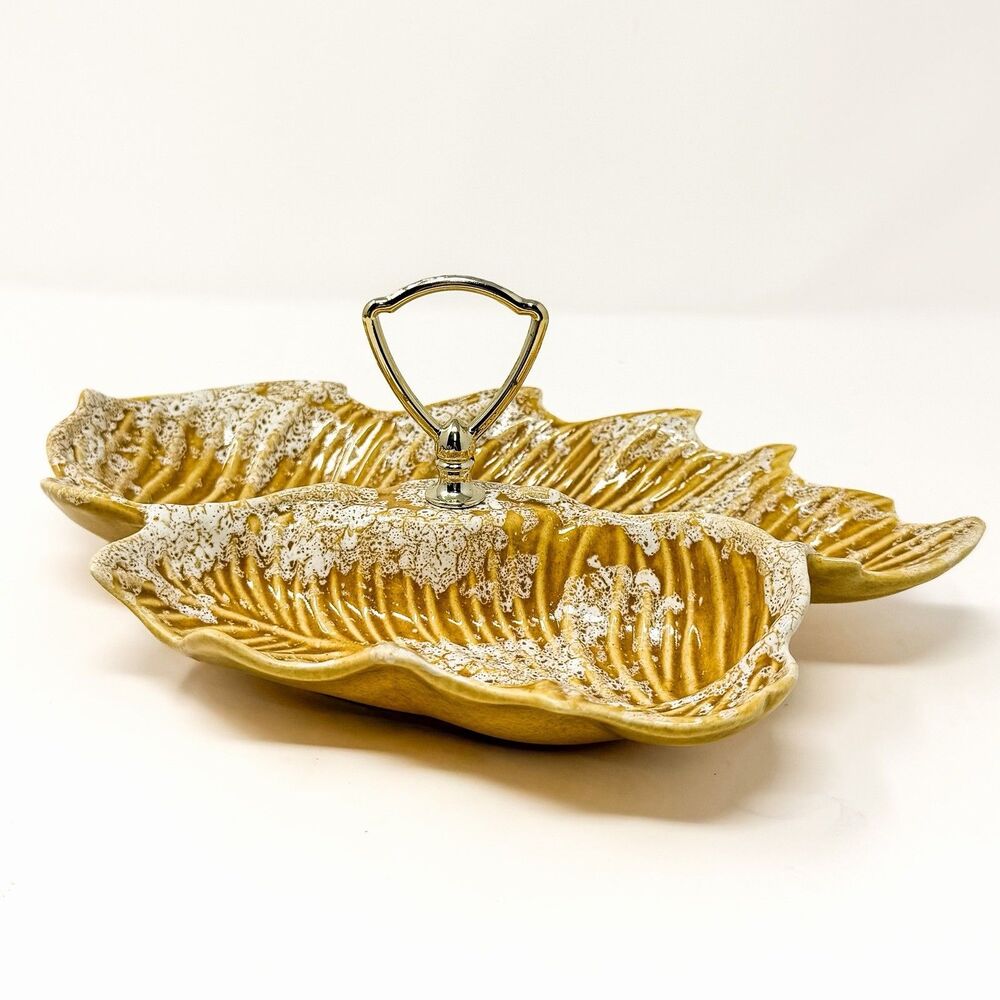 Vintage California Pottery MCM Leaf Divided Relish Candy Tidbit Serving Tray